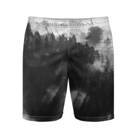 Мужские шорты спортивные с принтом Туман в лесу в Санкт-Петербурге,  |  | tegunvteg | деревья | лес | листья | природа | темный лес | туман