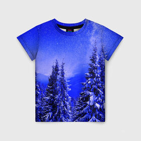 Детская футболка 3D с принтом Зимний лес в Санкт-Петербурге, 100% гипоаллергенный полиэфир | прямой крой, круглый вырез горловины, длина до линии бедер, чуть спущенное плечо, ткань немного тянется | Тематика изображения на принте: tegunvteg | деревья | зима | зимний лес | лес | листья | мороз | природа | снег | темный лес