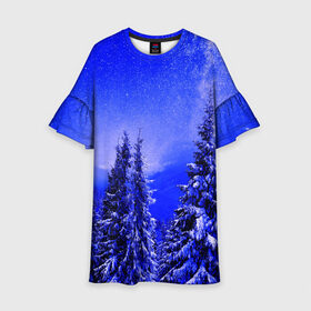 Детское платье 3D с принтом Зимний лес в Санкт-Петербурге, 100% полиэстер | прямой силуэт, чуть расширенный к низу. Круглая горловина, на рукавах — воланы | tegunvteg | деревья | зима | зимний лес | лес | листья | мороз | природа | снег | темный лес