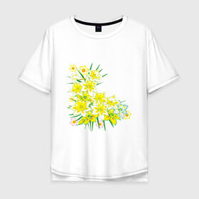 Мужская футболка хлопок Oversize с принтом Желтые нарциссы в Санкт-Петербурге, 100% хлопок | свободный крой, круглый ворот, “спинка” длиннее передней части | букет | весна | восьмерка | женский день | нарцисс | нарциссы | праздник | рисунок | уголок | цветы