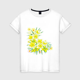 Женская футболка хлопок с принтом Желтые нарциссы в Санкт-Петербурге, 100% хлопок | прямой крой, круглый вырез горловины, длина до линии бедер, слегка спущенное плечо | букет | весна | восьмерка | женский день | нарцисс | нарциссы | праздник | рисунок | уголок | цветы