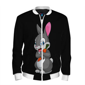 Мужской бомбер 3D с принтом ЗАЙКА в Санкт-Петербурге, 100% полиэстер | застегивается на молнию, по бокам два кармана без застежек, по низу бомбера и на воротнике - эластичная резинка | bunny | cartoon | hare | rabbit | белый | зайчик | заяц | кролик | морковка | мультик | серый