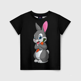 Детская футболка 3D с принтом ЗАЙКА в Санкт-Петербурге, 100% гипоаллергенный полиэфир | прямой крой, круглый вырез горловины, длина до линии бедер, чуть спущенное плечо, ткань немного тянется | bunny | cartoon | hare | rabbit | белый | зайчик | заяц | кролик | морковка | мультик | серый
