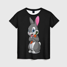 Женская футболка 3D с принтом ЗАЙКА в Санкт-Петербурге, 100% полиэфир ( синтетическое хлопкоподобное полотно) | прямой крой, круглый вырез горловины, длина до линии бедер | bunny | cartoon | hare | rabbit | белый | зайчик | заяц | кролик | морковка | мультик | серый