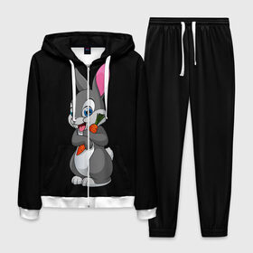 Мужской костюм 3D с принтом ЗАЙКА в Санкт-Петербурге, 100% полиэстер | Манжеты и пояс оформлены тканевой резинкой, двухслойный капюшон со шнурком для регулировки, карманы спереди | Тематика изображения на принте: bunny | cartoon | hare | rabbit | белый | зайчик | заяц | кролик | морковка | мультик | серый