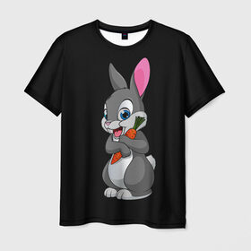 Мужская футболка 3D с принтом ЗАЙКА в Санкт-Петербурге, 100% полиэфир | прямой крой, круглый вырез горловины, длина до линии бедер | bunny | cartoon | hare | rabbit | белый | зайчик | заяц | кролик | морковка | мультик | серый