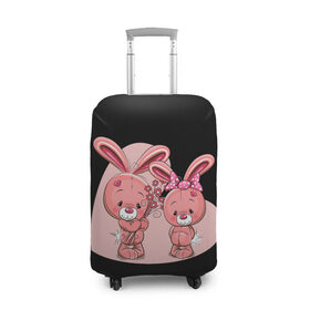Чехол для чемодана 3D с принтом ЗАЙЧИКИ в Санкт-Петербурге, 86% полиэфир, 14% спандекс | двустороннее нанесение принта, прорези для ручек и колес | bunny | cartoon | hare | rabbit | зайка | заяц | кролик | мультик | розовый | цветы