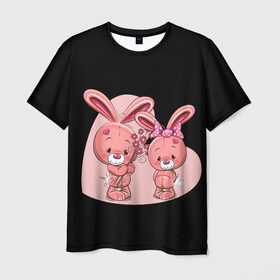 Мужская футболка 3D с принтом ЗАЙЧИКИ в Санкт-Петербурге, 100% полиэфир | прямой крой, круглый вырез горловины, длина до линии бедер | bunny | cartoon | hare | rabbit | зайка | заяц | кролик | мультик | розовый | цветы
