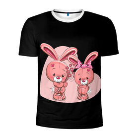 Мужская футболка 3D спортивная с принтом ЗАЙЧИКИ в Санкт-Петербурге, 100% полиэстер с улучшенными характеристиками | приталенный силуэт, круглая горловина, широкие плечи, сужается к линии бедра | bunny | cartoon | hare | rabbit | зайка | заяц | кролик | мультик | розовый | цветы