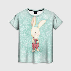 Женская футболка 3D с принтом Зайчик с подарком в Санкт-Петербурге, 100% полиэфир ( синтетическое хлопкоподобное полотно) | прямой крой, круглый вырез горловины, длина до линии бедер | зайчик | зима | красный | малыш | новый год | подарок | ребенок | снежинка