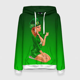 Женская толстовка 3D с принтом девушка лепрекон в зеленом в Санкт-Петербурге, 100% полиэстер  | двухслойный капюшон со шнурком для регулировки, мягкие манжеты на рукавах и по низу толстовки, спереди карман-кенгуру с мягким внутренним слоем. | 17 марта | девушка | день святого патрика | зеленый | зеленый костюм | ирландия | клевер | кружка | лепрекон | модель | монеты | рисунок | традиции | эль