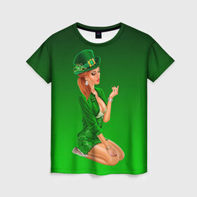 Женская футболка 3D с принтом девушка лепрекон в зеленом в Санкт-Петербурге, 100% полиэфир ( синтетическое хлопкоподобное полотно) | прямой крой, круглый вырез горловины, длина до линии бедер | 17 марта | девушка | день святого патрика | зеленый | зеленый костюм | ирландия | клевер | кружка | лепрекон | модель | монеты | рисунок | традиции | эль