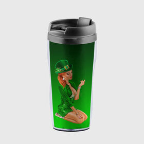 Термокружка-непроливайка с принтом девушка лепрекон в зеленом в Санкт-Петербурге, внутренняя часть — пищевой пластик, наружная часть — прозрачный пластик, между ними — полиграфическая вставка с рисунком | объем — 350 мл, герметичная крышка | Тематика изображения на принте: 17 марта | девушка | день святого патрика | зеленый | зеленый костюм | ирландия | клевер | кружка | лепрекон | модель | монеты | рисунок | традиции | эль