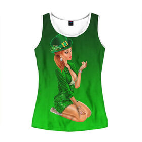 Женская майка 3D с принтом девушка лепрекон в зеленом в Санкт-Петербурге, 100% полиэстер | круглая горловина, прямой силуэт, длина до линии бедра | 17 марта | девушка | день святого патрика | зеленый | зеленый костюм | ирландия | клевер | кружка | лепрекон | модель | монеты | рисунок | традиции | эль