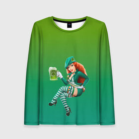 Женский лонгслив 3D с принтом девушка вечеринка на Патрика в Санкт-Петербурге, 100% полиэстер | длинные рукава, круглый вырез горловины, полуприлегающий силуэт | 17 марта | вечеринка | девушка | день святого патрика | зеленый | зеленый костюм | ирландия | клевер | костюм | кружка | лепрекон | модель | монеты | рисунок | традиции | эль