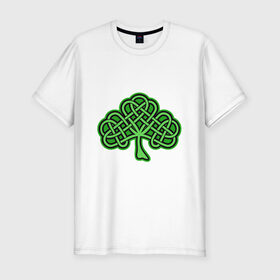 Мужская футболка хлопок Slim с принтом кельтский клевер в Санкт-Петербурге, 92% хлопок, 8% лайкра | приталенный силуэт, круглый вырез ворота, длина до линии бедра, короткий рукав | 17 марта | день святого патрика | дерево | зеленый | ирландия | кельтский узор | клевер | рисунок | традиции | трехлистник