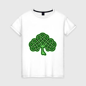 Женская футболка хлопок с принтом кельтский клевер в Санкт-Петербурге, 100% хлопок | прямой крой, круглый вырез горловины, длина до линии бедер, слегка спущенное плечо | 17 марта | день святого патрика | дерево | зеленый | ирландия | кельтский узор | клевер | рисунок | традиции | трехлистник