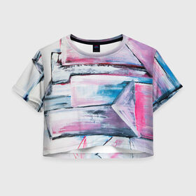 Женская футболка Crop-top 3D с принтом Цветные мелки в Санкт-Петербурге, 100% полиэстер | круглая горловина, длина футболки до линии талии, рукава с отворотами | живопись | краски | красный | линии | мазки | масляные краски | розовый | синий | цветные мелки