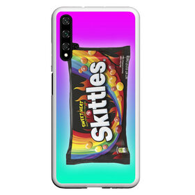 Чехол для Honor 20 с принтом Skittles | Черный в Санкт-Петербурге, Силикон | Область печати: задняя сторона чехла, без боковых панелей | Тематика изображения на принте: black | skittles | sweet heat | градиент | зеленый | радуга | розовый | синий | скитлс | черный