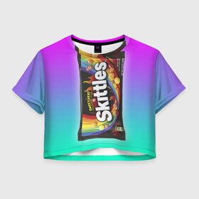 Женская футболка Crop-top 3D с принтом Skittles | Черный в Санкт-Петербурге, 100% полиэстер | круглая горловина, длина футболки до линии талии, рукава с отворотами | black | skittles | sweet heat | градиент | зеленый | радуга | розовый | синий | скитлс | черный