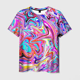 Мужская футболка 3D с принтом ЖИДКИЕ КРАСКИ в Санкт-Петербурге, 100% полиэфир | прямой крой, круглый вырез горловины, длина до линии бедер | colorfull | multicolor | абстрактный | абстракция | акварель | гуашь | жидкий | летняя | мода2021 | подтеки | психоделический | разводы краски | разноцветная | стиль | трендовый | яркий принт