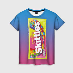 Женская футболка 3D с принтом Skittles | Желтый в Санкт-Петербурге, 100% полиэфир ( синтетическое хлопкоподобное полотно) | прямой крой, круглый вырез горловины, длина до линии бедер | skittles | sweet sours | yellow | градиент | желтый | красный | радуга | розовый | синий | скитлс | фиолетовый