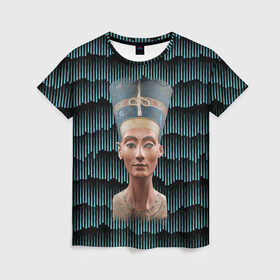 Женская футболка 3D с принтом Нефертити в Санкт-Петербурге, 100% полиэфир ( синтетическое хлопкоподобное полотно) | прямой крой, круглый вырез горловины, длина до линии бедер | африка | божества | волны | геометрия | египет | маска | нефертити | фараон | царица