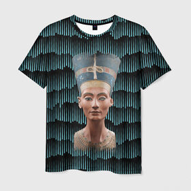 Мужская футболка 3D с принтом Нефертити в Санкт-Петербурге, 100% полиэфир | прямой крой, круглый вырез горловины, длина до линии бедер | африка | божества | волны | геометрия | египет | маска | нефертити | фараон | царица