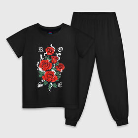 Детская пижама хлопок с принтом РОЗЫ | ROSES SMOKE в Санкт-Петербурге, 100% хлопок |  брюки и футболка прямого кроя, без карманов, на брюках мягкая резинка на поясе и по низу штанин
 | Тематика изображения на принте: chery | flowers | japan | roses | sakura | вишня | растения | розы | ромашка | сакура | тюльпаны | цветы | цветы сакуры | япония