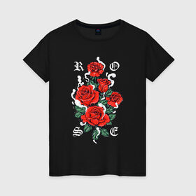 Женская футболка хлопок с принтом РОЗЫ | ROSES SMOKE в Санкт-Петербурге, 100% хлопок | прямой крой, круглый вырез горловины, длина до линии бедер, слегка спущенное плечо | chery | flowers | japan | roses | sakura | вишня | растения | розы | ромашка | сакура | тюльпаны | цветы | цветы сакуры | япония