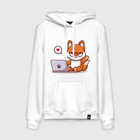 Женская толстовка хлопок с принтом Cute fox and laptop в Санкт-Петербурге, френч-терри, мягкий теплый начес внутри (100% хлопок) | карман-кенгуру, эластичные манжеты и нижняя кромка, капюшон с подкладом и шнурком | Тематика изображения на принте: fox | laptop | love | кицуне | кицунэ | комп | компьютер | лапа | лапка | лиса | лисенок | лисичка | лэптоп | любовь | ноут | ноутбук | отпечаток | очки | привет | рука | ручка | сердечко | сердце