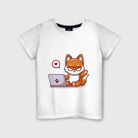 Детская футболка хлопок с принтом Cute fox and laptop в Санкт-Петербурге, 100% хлопок | круглый вырез горловины, полуприлегающий силуэт, длина до линии бедер | fox | laptop | love | кицуне | кицунэ | комп | компьютер | лапа | лапка | лиса | лисенок | лисичка | лэптоп | любовь | ноут | ноутбук | отпечаток | очки | привет | рука | ручка | сердечко | сердце