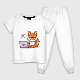 Детская пижама хлопок с принтом Cute fox and laptop в Санкт-Петербурге, 100% хлопок |  брюки и футболка прямого кроя, без карманов, на брюках мягкая резинка на поясе и по низу штанин
 | fox | laptop | love | кицуне | кицунэ | комп | компьютер | лапа | лапка | лиса | лисенок | лисичка | лэптоп | любовь | ноут | ноутбук | отпечаток | очки | привет | рука | ручка | сердечко | сердце