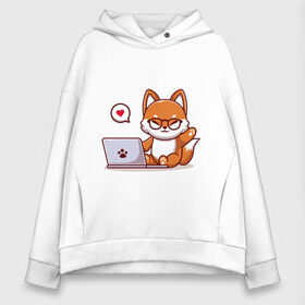 Женское худи Oversize хлопок с принтом Cute fox and laptop в Санкт-Петербурге, френч-терри — 70% хлопок, 30% полиэстер. Мягкий теплый начес внутри —100% хлопок | боковые карманы, эластичные манжеты и нижняя кромка, капюшон на магнитной кнопке | fox | laptop | love | кицуне | кицунэ | комп | компьютер | лапа | лапка | лиса | лисенок | лисичка | лэптоп | любовь | ноут | ноутбук | отпечаток | очки | привет | рука | ручка | сердечко | сердце