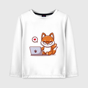 Детский лонгслив хлопок с принтом Cute fox and laptop в Санкт-Петербурге, 100% хлопок | круглый вырез горловины, полуприлегающий силуэт, длина до линии бедер | fox | laptop | love | кицуне | кицунэ | комп | компьютер | лапа | лапка | лиса | лисенок | лисичка | лэптоп | любовь | ноут | ноутбук | отпечаток | очки | привет | рука | ручка | сердечко | сердце