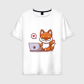 Женская футболка хлопок Oversize с принтом Cute fox and laptop в Санкт-Петербурге, 100% хлопок | свободный крой, круглый ворот, спущенный рукав, длина до линии бедер
 | fox | laptop | love | кицуне | кицунэ | комп | компьютер | лапа | лапка | лиса | лисенок | лисичка | лэптоп | любовь | ноут | ноутбук | отпечаток | очки | привет | рука | ручка | сердечко | сердце