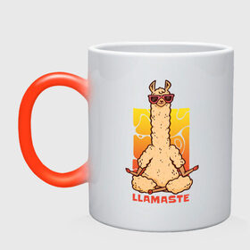 Кружка хамелеон с принтом Llamaste в Санкт-Петербурге, керамика | меняет цвет при нагревании, емкость 330 мл | Тематика изображения на принте: art | lama | meditation | namaste | yoga | арт | йога | лама | медитация | намасте