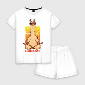 Женская пижама с шортиками хлопок с принтом Llamaste в Санкт-Петербурге, 100% хлопок | футболка прямого кроя, шорты свободные с широкой мягкой резинкой | art | lama | meditation | namaste | yoga | арт | йога | лама | медитация | намасте