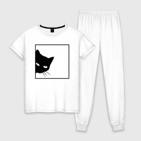 Женская пижама хлопок с принтом BLACK CAT | ЧЕРНАЯ КОШКА в Санкт-Петербурге, 100% хлопок | брюки и футболка прямого кроя, без карманов, на брюках мягкая резинка на поясе и по низу штанин | black | cat | cats | creative | hunter | minimalism | night | кот | коте | котенок | котэ | кошка | креатив | креативная | минимализм | надпись | ночь | охотник | текст | черная | черный
