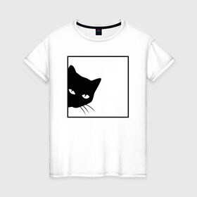 Женская футболка хлопок с принтом BLACK CAT | ЧЕРНАЯ КОШКА в Санкт-Петербурге, 100% хлопок | прямой крой, круглый вырез горловины, длина до линии бедер, слегка спущенное плечо | black | cat | cats | creative | hunter | minimalism | night | кот | коте | котенок | котэ | кошка | креатив | креативная | минимализм | надпись | ночь | охотник | текст | черная | черный