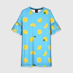 Детское платье 3D с принтом Лимоны на голубом в Санкт-Петербурге, 100% полиэстер | прямой силуэт, чуть расширенный к низу. Круглая горловина, на рукавах — воланы | Тематика изображения на принте: citrus | lemon | pattern | seamless | summer | tropical | желтый | лето | лимон | природа | тропики | узор | фрукты | цитрус | экзотика
