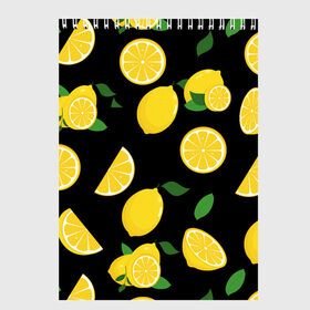 Скетчбук с принтом Лимоны на чёрном в Санкт-Петербурге, 100% бумага
 | 48 листов, плотность листов — 100 г/м2, плотность картонной обложки — 250 г/м2. Листы скреплены сверху удобной пружинной спиралью | citrus natural fruit | fresh | illustration | organic | pattern | texture | лето | лимон | свежесть | тропики | узор | фон | фрукты | цитрус | экзотика