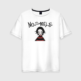 Женская футболка хлопок Oversize с принтом No Smile в Санкт-Петербурге, 100% хлопок | свободный крой, круглый ворот, спущенный рукав, длина до линии бедер
 | no smile | без улыбки | девочка в худи | закрытый рот | мрак | разочарование | шок