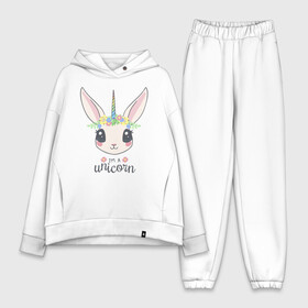 Женский костюм хлопок Oversize с принтом Кролик единорог в Санкт-Петербурге,  |  | bunny | cute | unicorn | единорог | кролик | милый | розовый | цветы