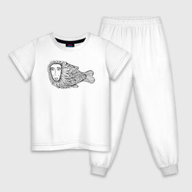 Детская пижама хлопок с принтом Пернатая рыба в Санкт-Петербурге, 100% хлопок |  брюки и футболка прямого кроя, без карманов, на брюках мягкая резинка на поясе и по низу штанин
 | графика | девушка | пернатая рыба | рыба | черно белая