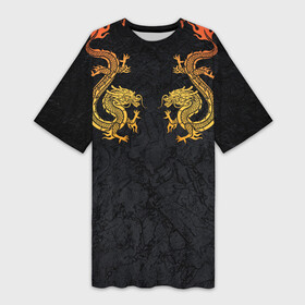 Платье-футболка 3D с принтом GOLD CHINA DRAGONS в Санкт-Петербурге,  |  | chine dragon | gold dragon | yellow dragon | без крыльев | желтый дракон | золотые драконы | китайский дракон