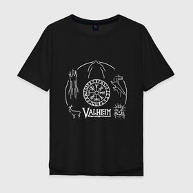 Мужская футболка хлопок Oversize с принтом VALHEIM в Санкт-Петербурге, 100% хлопок | свободный крой, круглый ворот, “спинка” длиннее передней части | coffee stain | valheim | vikings | вальхайм | вальхеим | вальхейм. | викинги | выживание | гарпун бездны | мечи