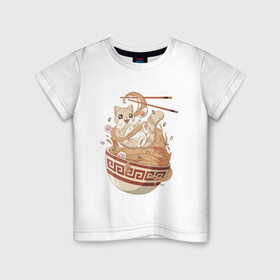 Детская футболка хлопок с принтом КОТ ЛЮБИТ РАМЭН в Санкт-Петербурге, 100% хлопок | круглый вырез горловины, полуприлегающий силуэт, длина до линии бедер | векторный арт | кот | котенок | котик | лапша | миска | палочки | подливка | рамен | рамэн | суп | чашка | японский арт