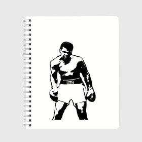 Тетрадь с принтом The Greatest (Muhammad Ali) в Санкт-Петербурге, 100% бумага | 48 листов, плотность листов — 60 г/м2, плотность картонной обложки — 250 г/м2. Листы скреплены сбоку удобной пружинной спиралью. Уголки страниц и обложки скругленные. Цвет линий — светло-серый
 | ali | clay | mohammed | али | боец | боксер | величайший | возможность | искусства | касиус | клей | личность | мозайка | мотивация | мохаммед | мухамед | перчатки | сила | слова | спорт | темный | узор