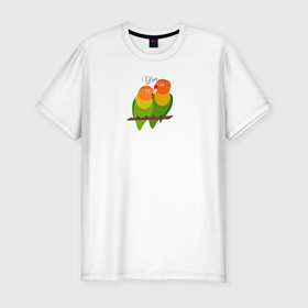 Мужская футболка хлопок Slim с принтом Неразлучники в Санкт-Петербурге, 92% хлопок, 8% лайкра | приталенный силуэт, круглый вырез ворота, длина до линии бедра, короткий рукав | любовь | неразлучники | пара | попугаи | попугай | попугайчики | семейная пара